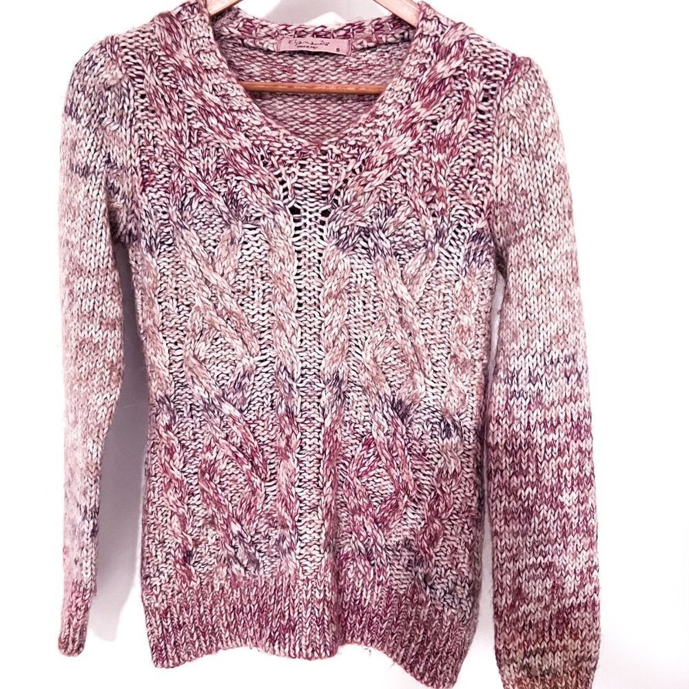 Anthropologie Wool Alpaca Blend Cable Knit V-neck Sweater Pink Cream Marled S